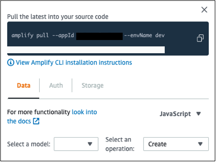Screenshot showing the code snippet to run amplify pull with an application ID