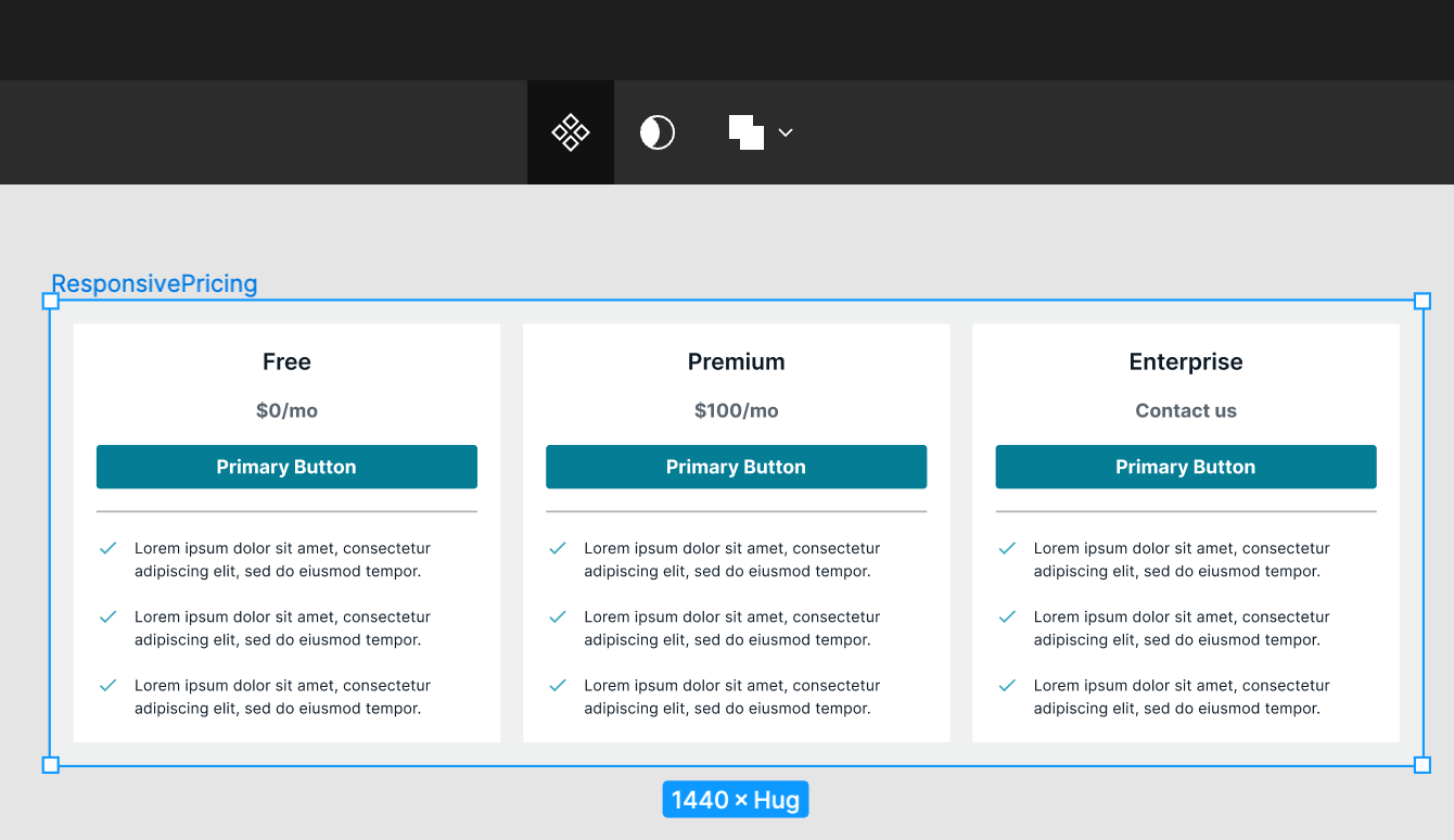 Screenshot of the component and the Figma canvas, including the diamond icon button to convert a frame to a component