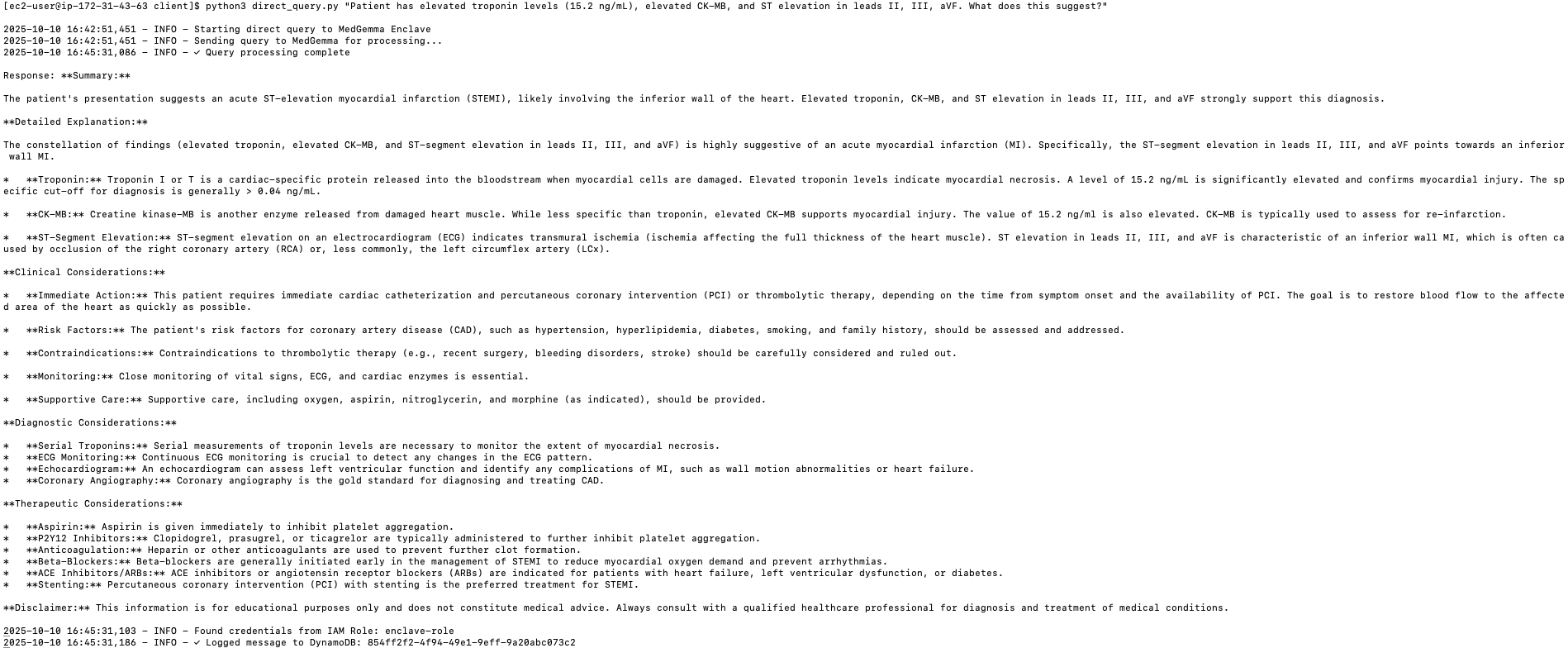Model inference output analyzing cardiac lab results and ECG findings