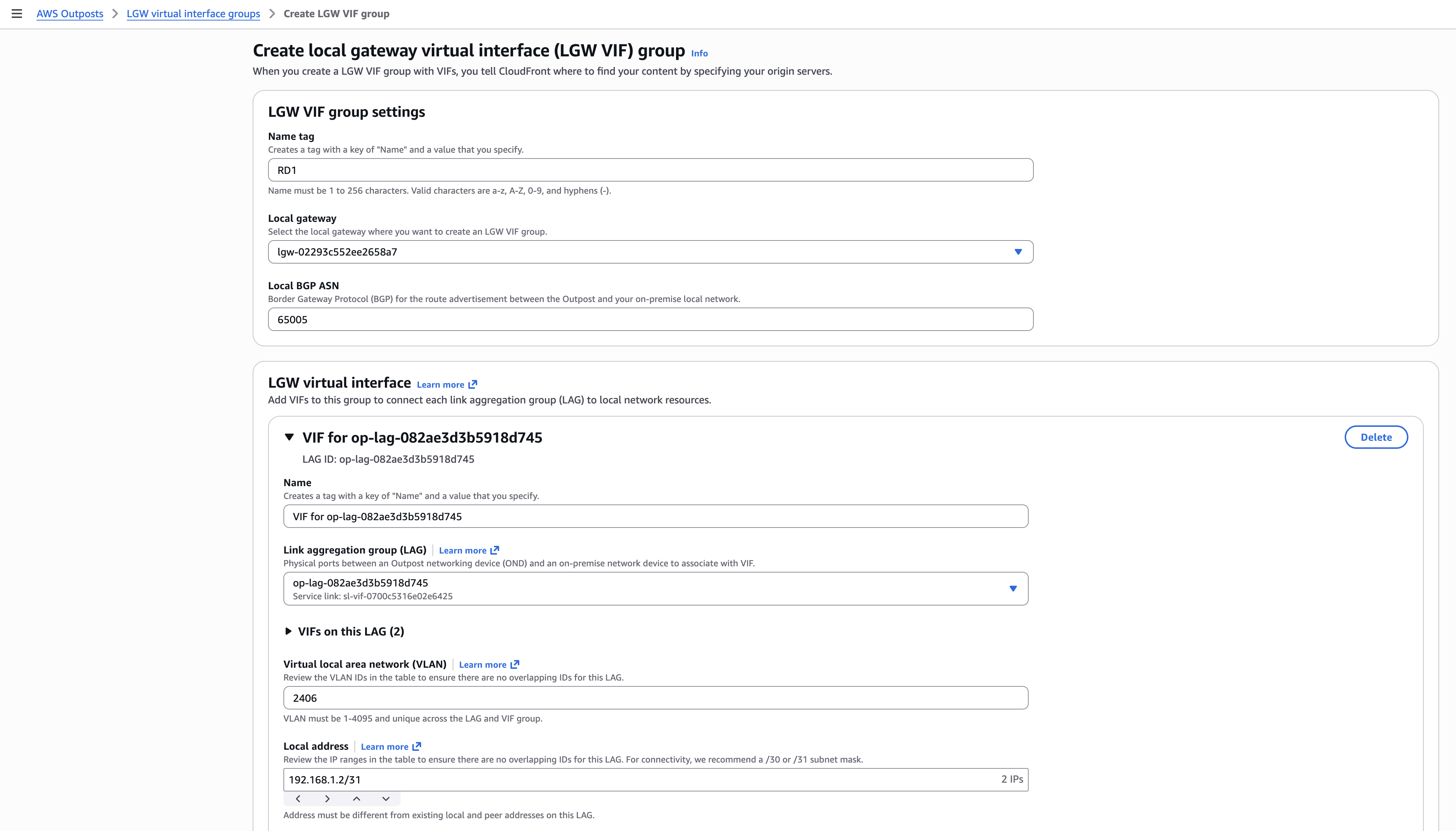 Creating VIF group for RD1 routing domain