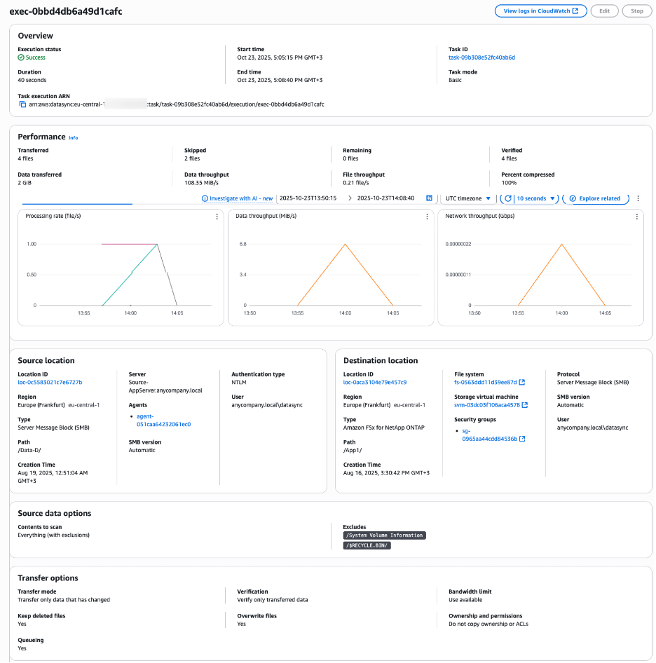 Monitoring the DataSync data copy task