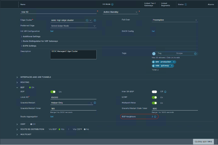 Figure 26: NSX Tier-0 BGP Neighbors Console