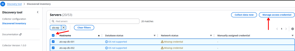 The inventory screen, filtered for VMs that start with atx-wp. VMs are selected by a checkbox on the left side, and the Manage access credential button is highlighted.