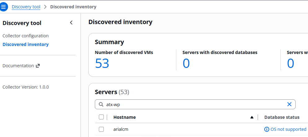 The Discovered inventory screen with atx-wp entered in the server filter box.