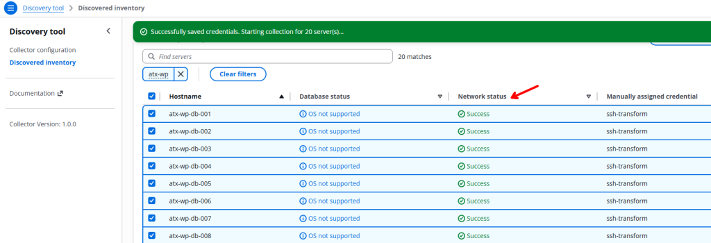 A list of servers on the Discovered inventory screen with the Network status column populated with the word Success and a checkmark.