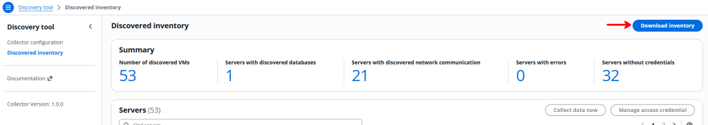The Discovered inventory screen highlighting a button that says Download inventory