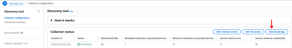 The Collector configuration screen with the Download logs button highlighted.