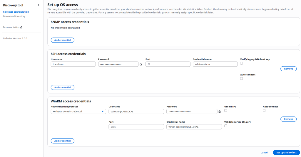 A screen with the ability to enter SNMP, SSH, and WinRM crednetials.