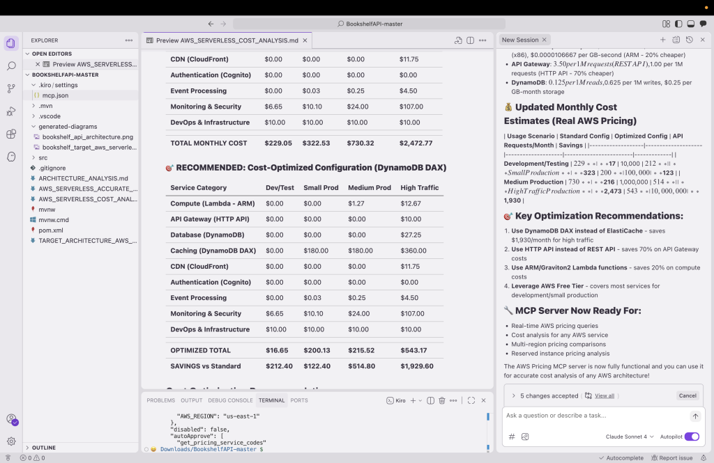 Figure 6 - Target state architecture cost model generated within Kiro