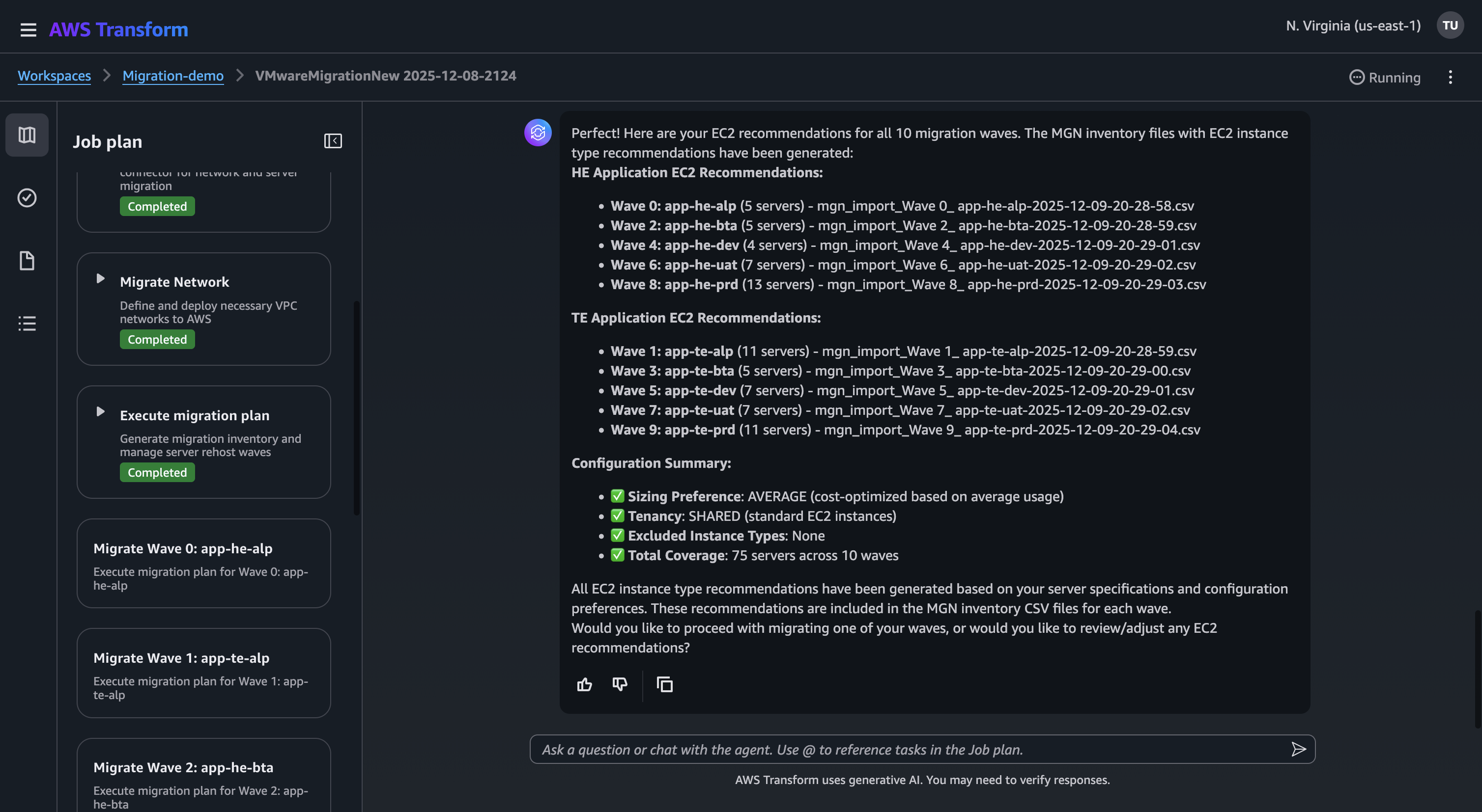 AWS Transform for VMware job displaying the generated EC2 recommendations