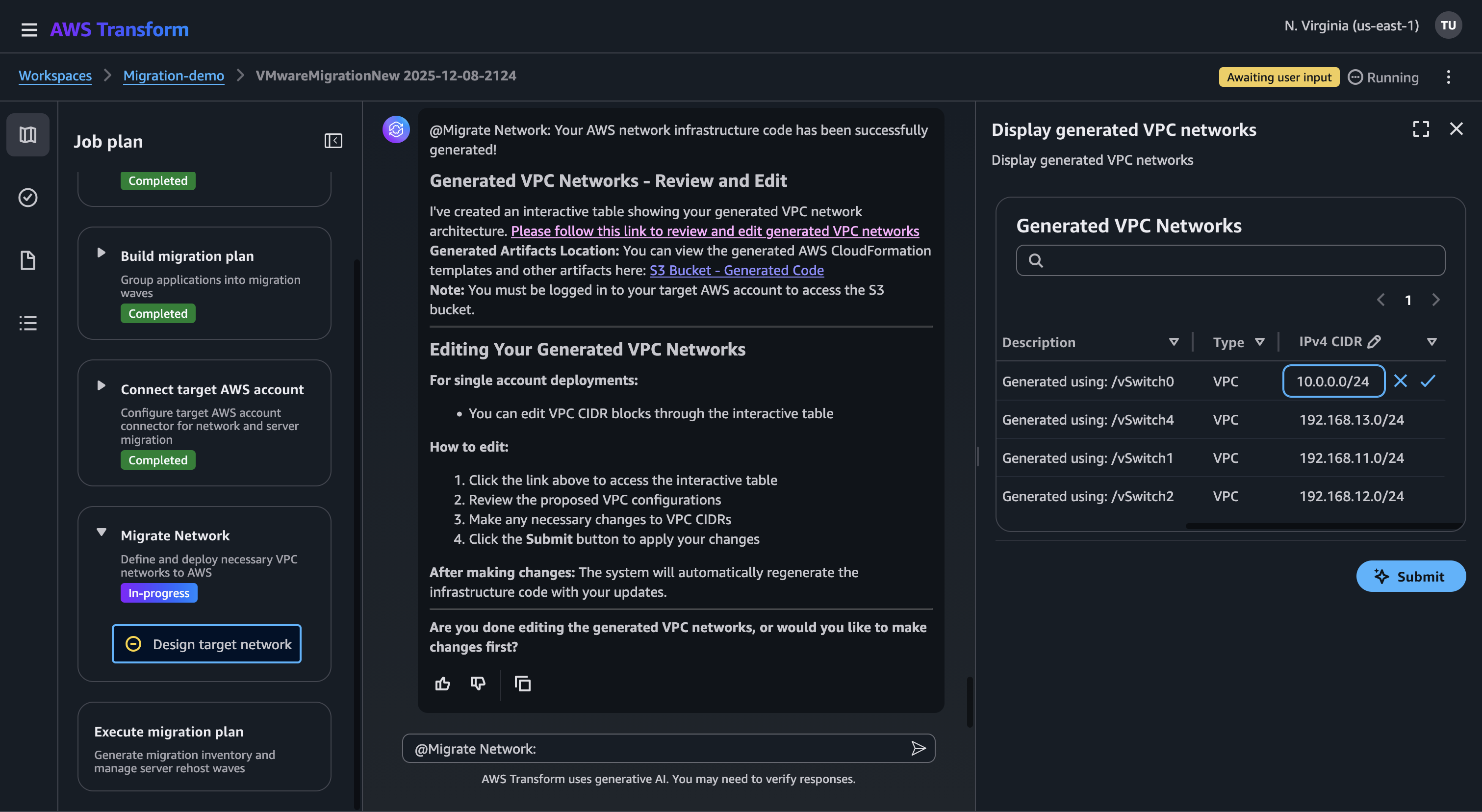 AWS Transform for VMware job on network migration step showing the review and edit generated VPC configurations