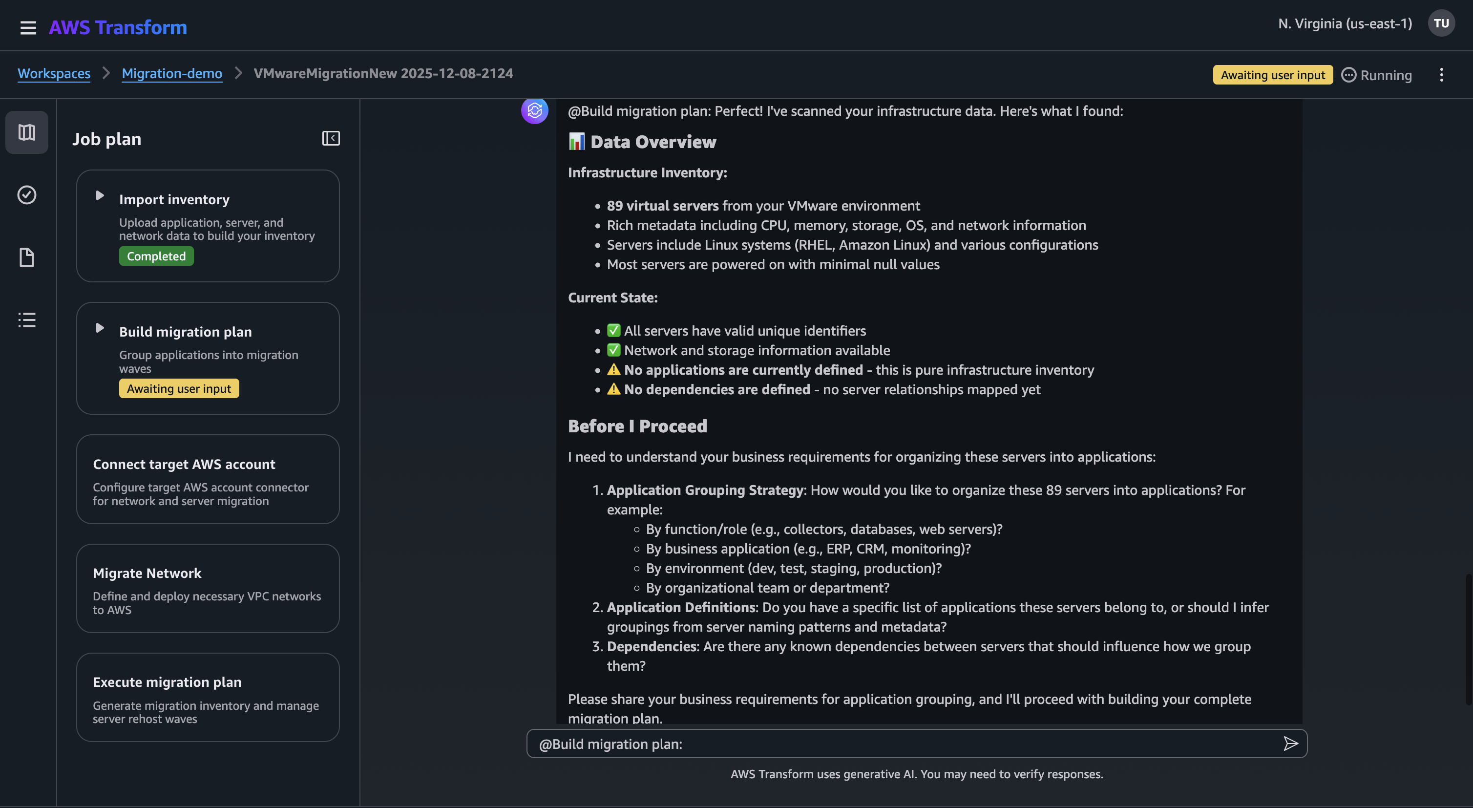 AWS Transform for VMware job on migration plan step with data scope and anlysis 
