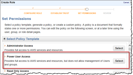 Screenshot showing the choice of the Power User Access policy template