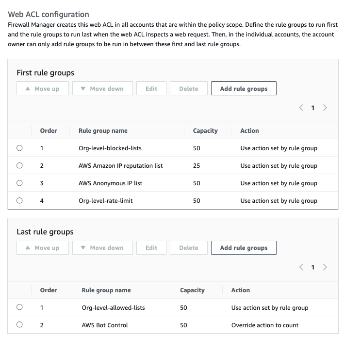 Figure 3: AWS Firewall Manager policy rules acting as the security baseline