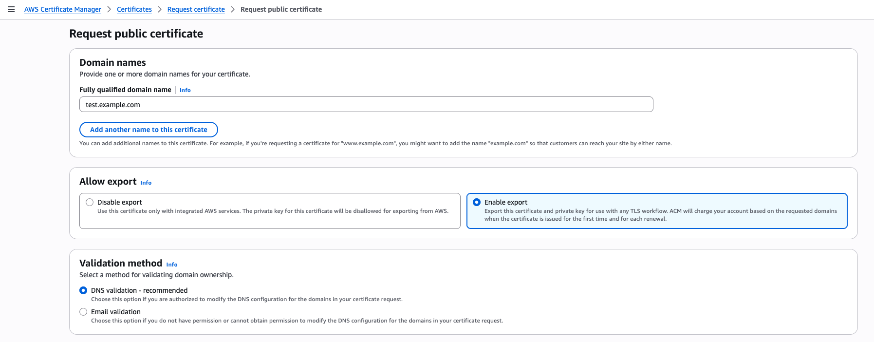 Figure 1: Request a public certificate and enable export