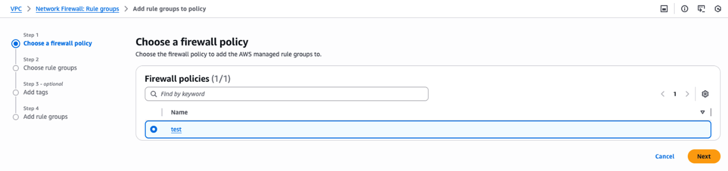 Figure 5: Choose a firewall policy to associate rule groups