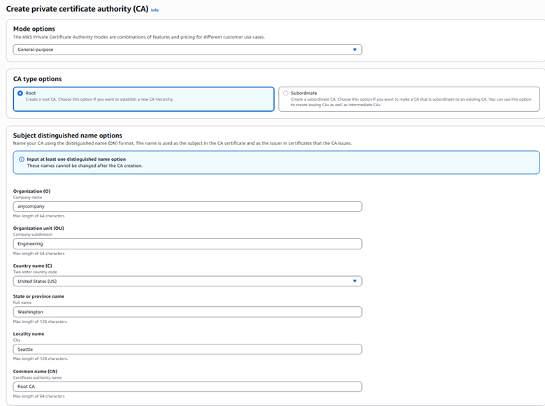 Figure 7: Create a private CA (root)