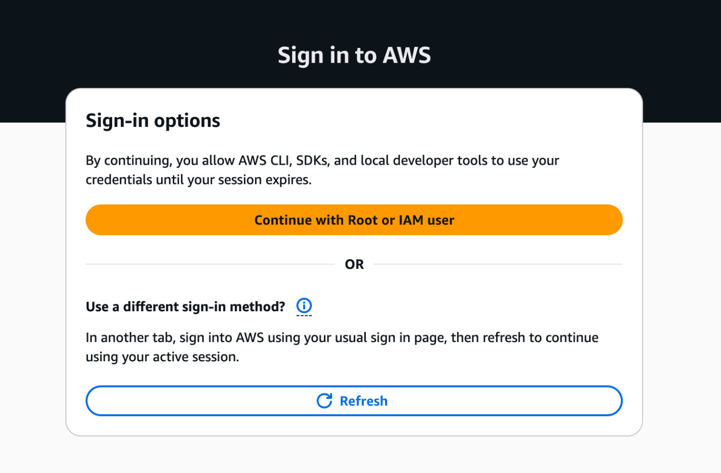 Figure 3: AWS Sign in to AWS - Sign-in options