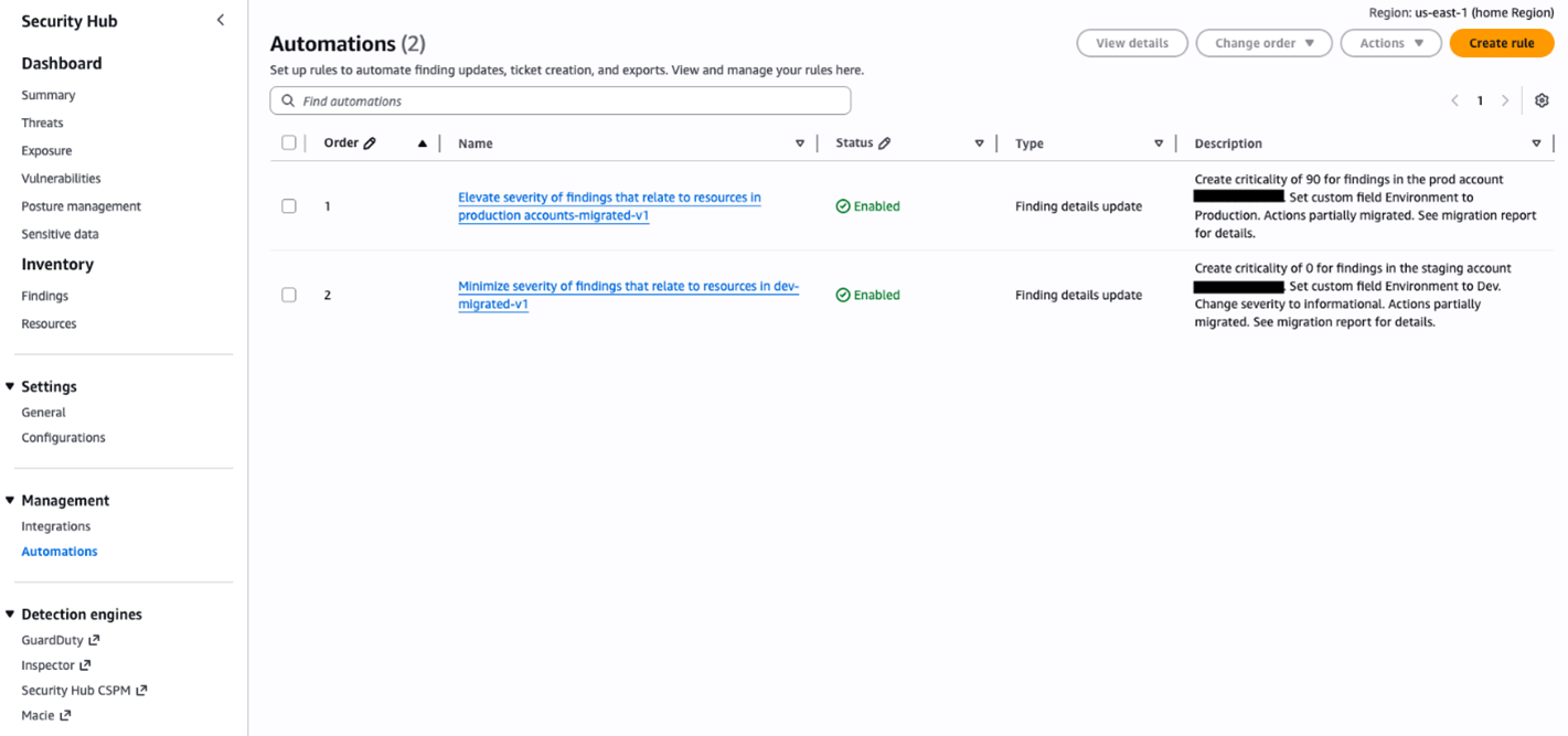 Figure 2: Security Hub Automations page