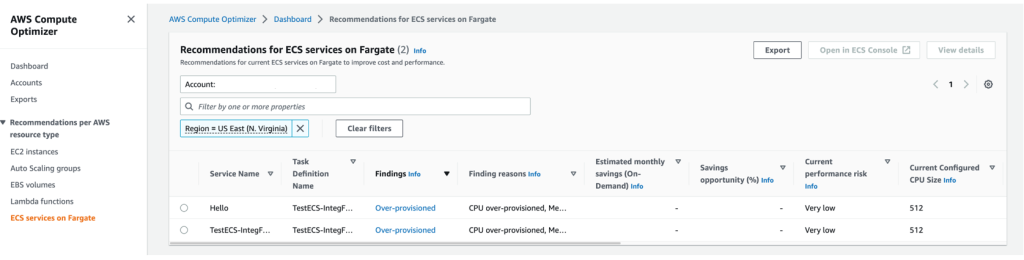 Sample view of recommended CPU and memory settings, current performance risk, and estimated monthly savings for each Amazon ECS service