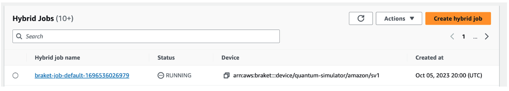 Figure 1. Illustration showing the status of the running hybrid job in the Amazon Braket console.