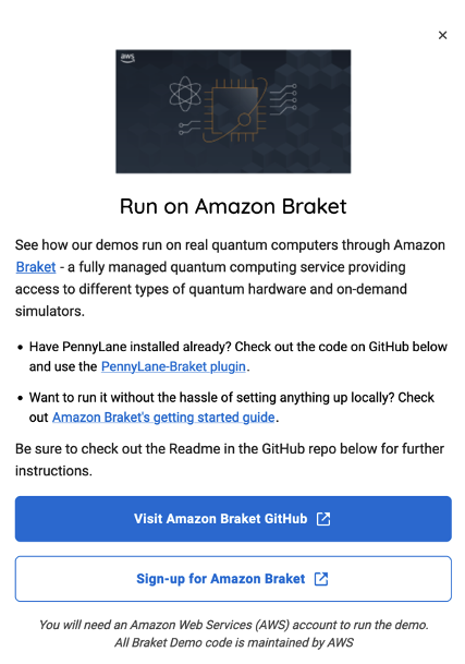 Figure 4 Modal with information about the Braket service and links to helpful resources