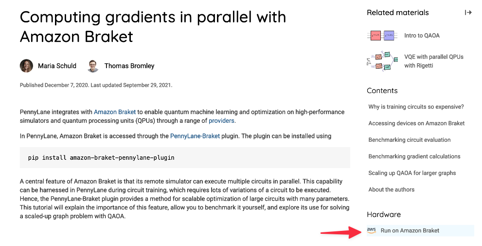 Figure 3. Example PennyLane demo showing the Run on Amazon Braket button in the Hardware section
