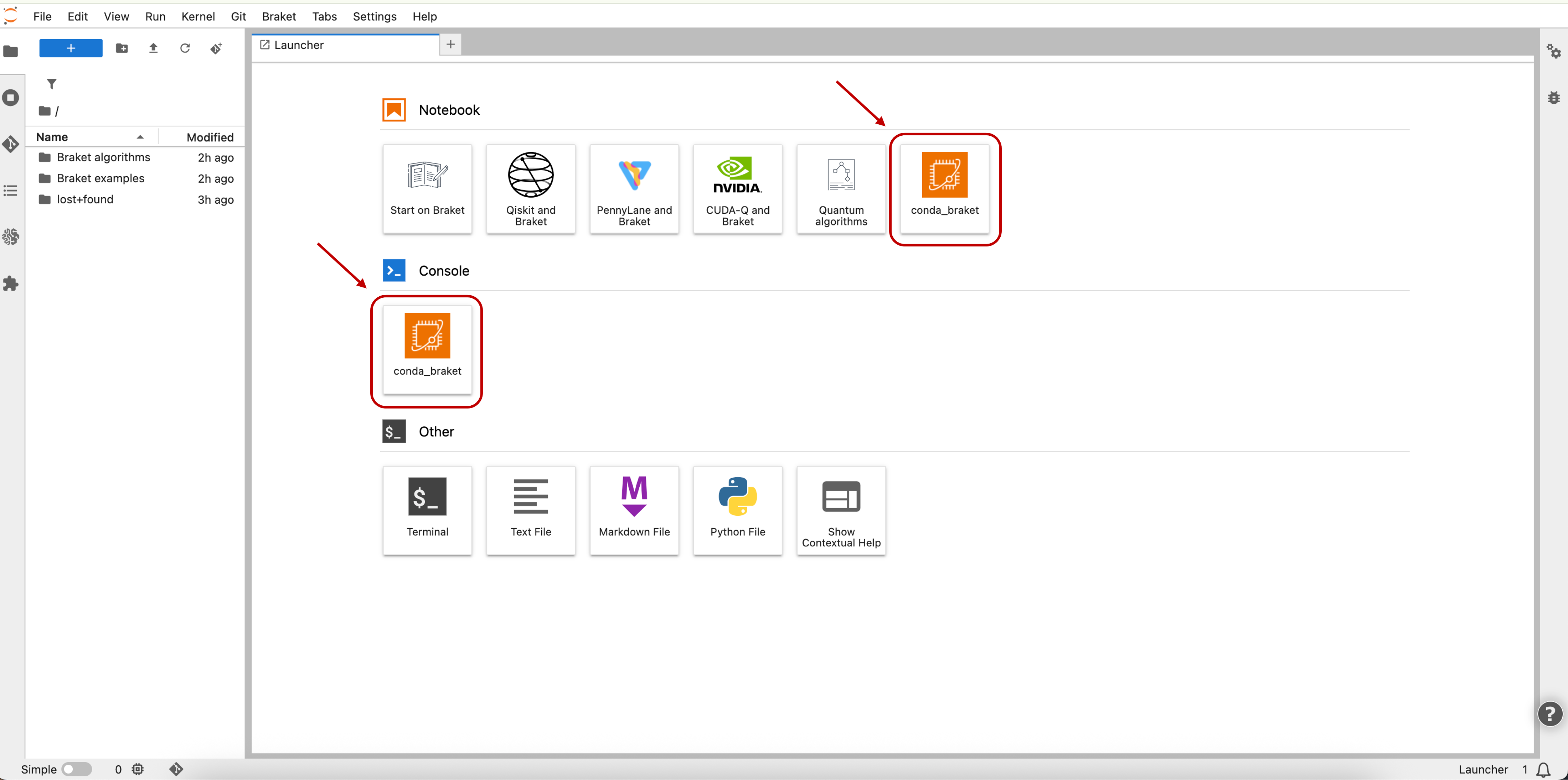 Figure 1: The Braket Notebook Instance displays the conda_braket tile to launch the Braket kernel. Note: The CUDA-Q and Braket tile opened the CUDA-Q example notebooks with the default kernel; starting today, this default kernel is the conda_braket kernel.