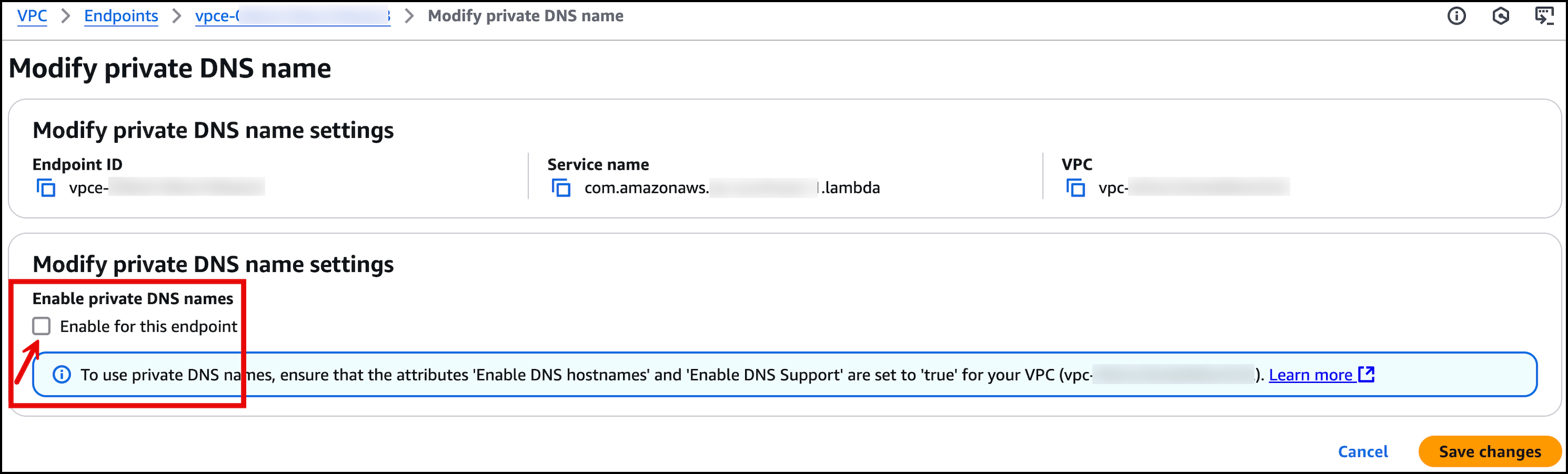 Private DNS name settings as shown in the AWS management console