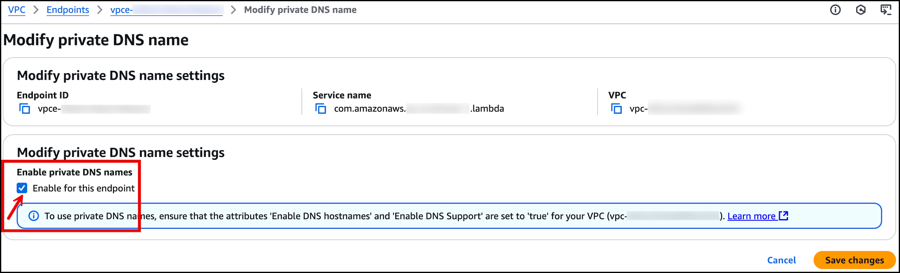 Enable private DNS name settings as shown in the AWS management console