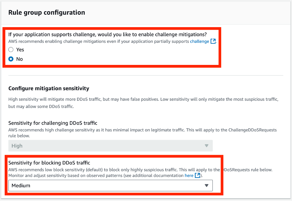 AWS WAF Anti-DDoS managed rule group configuration to disable challenge