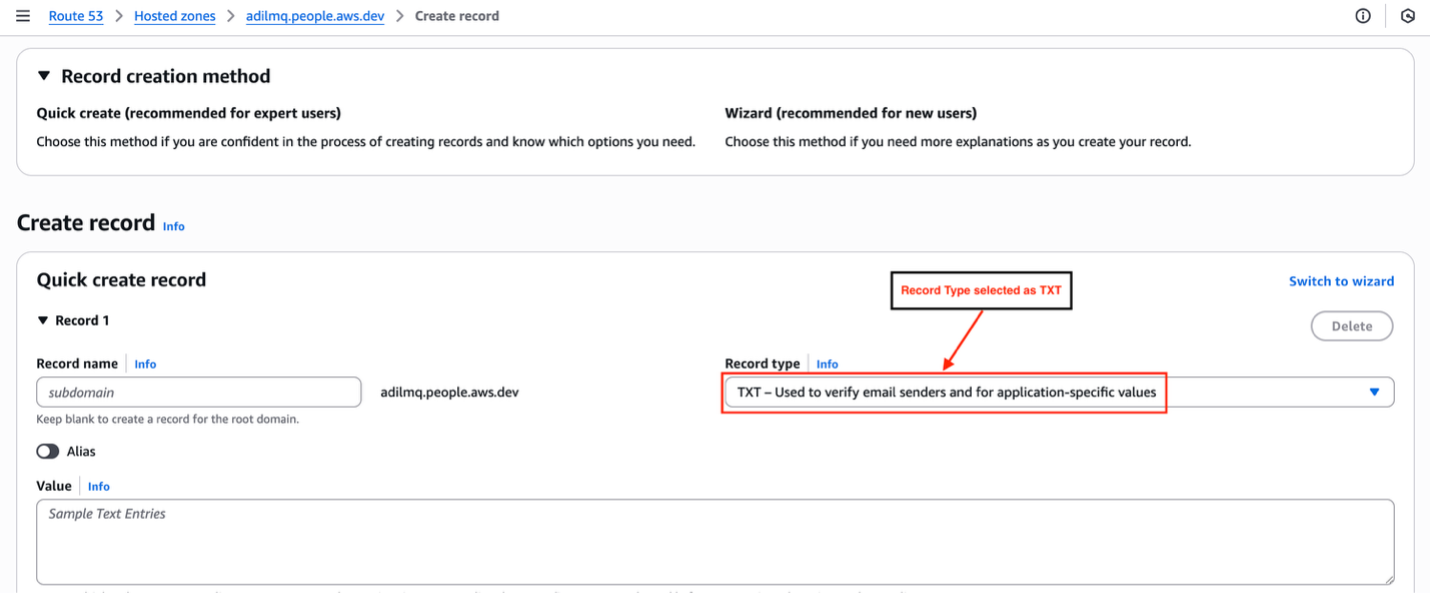 Figure 3: Shows how to create TXT records for Route53 hosted zones 