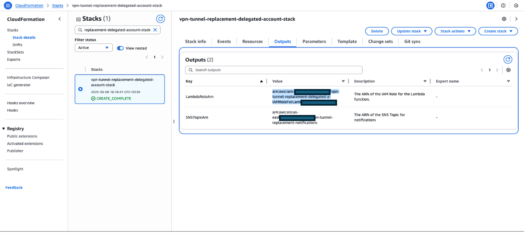 Figure 10: Output for CloudFormation stack in delegated account 