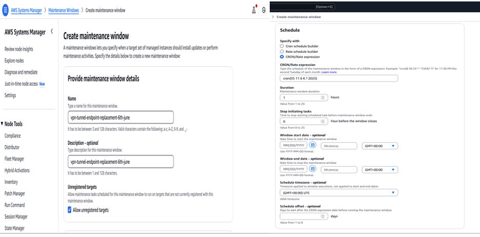 Figure 15: Systems Manager maintenance window creation