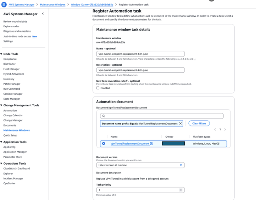 Figure 16: Systems Manager task creation