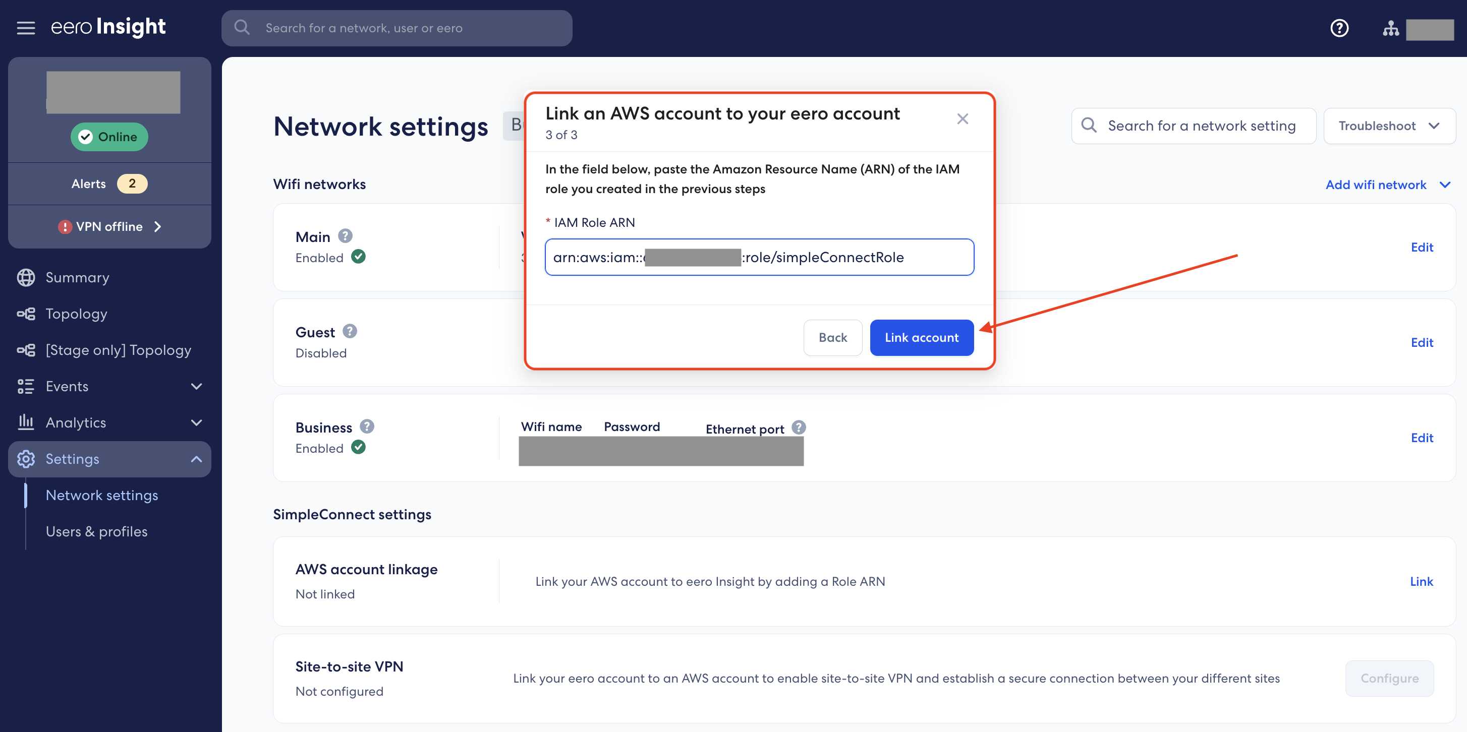 View of the eero Insight dashboard, in the last step linking the eero network with the AWS account. In this step, users can paste the IAM role ARN created in their AWS console, and click “Link account” to finalize the process.
