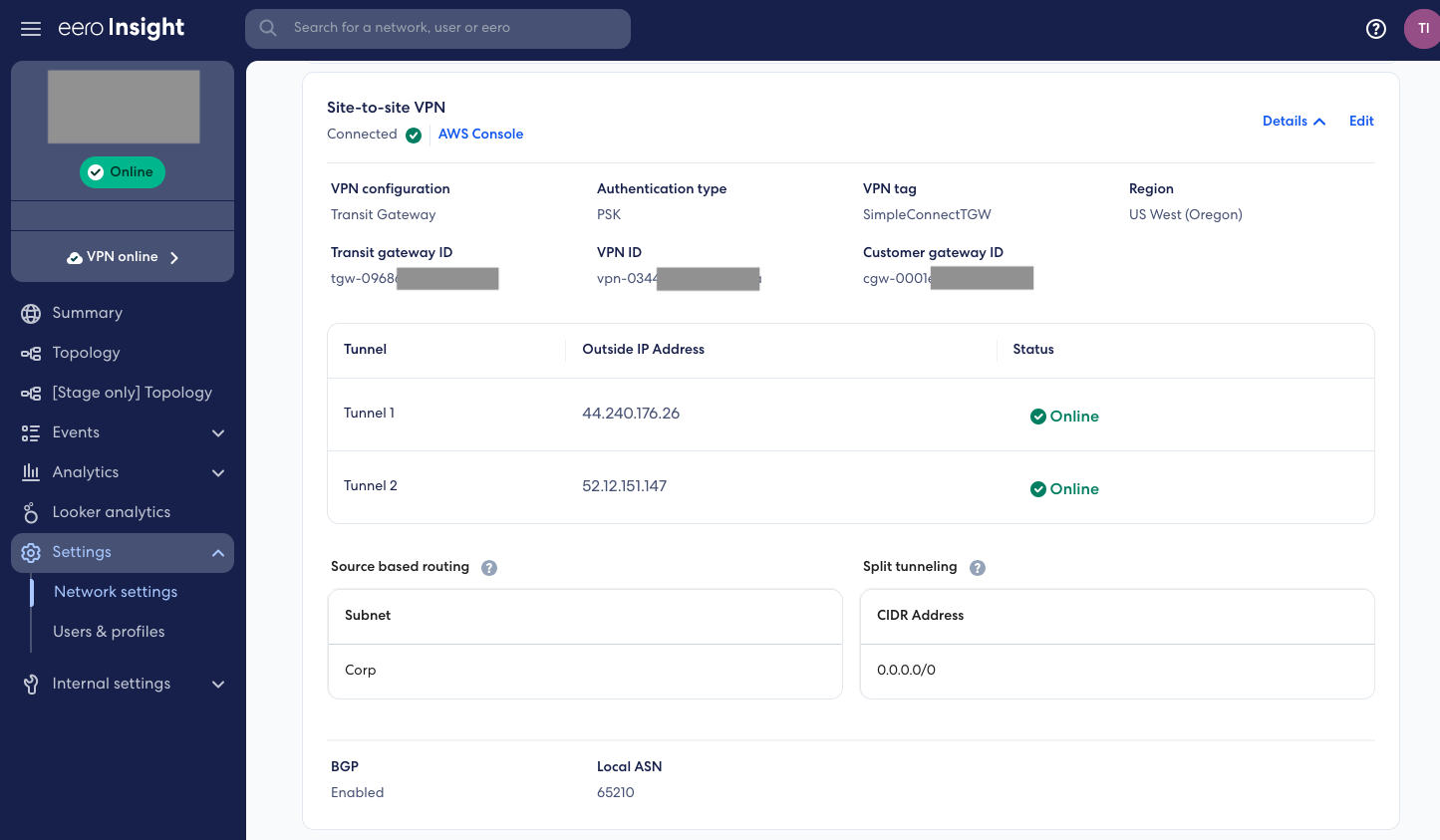 View of the eero Insight dashboard, showing how the VPN created and terminated in a Transit Gateway in the Oregon AWS Region is Online.