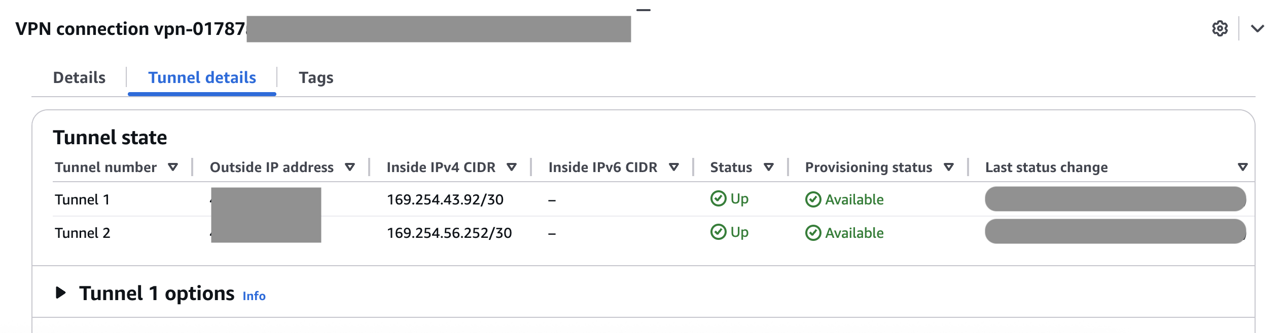 View of the AWS Management Console, showing the VPN created thanks to the eero integration. The picture shows that the two tunnels are successfully provisioned, and the BGP is Up.