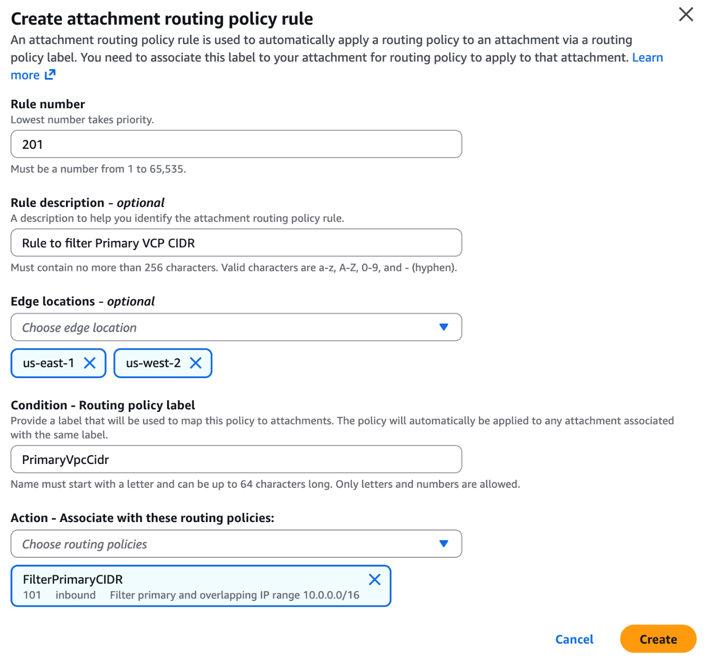 Figure 10: Creating attachment routing policy rule