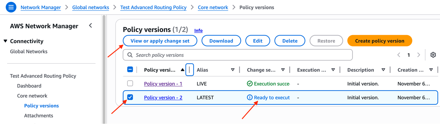 Figure 11: New Cloud WAN policy version ready to execute
