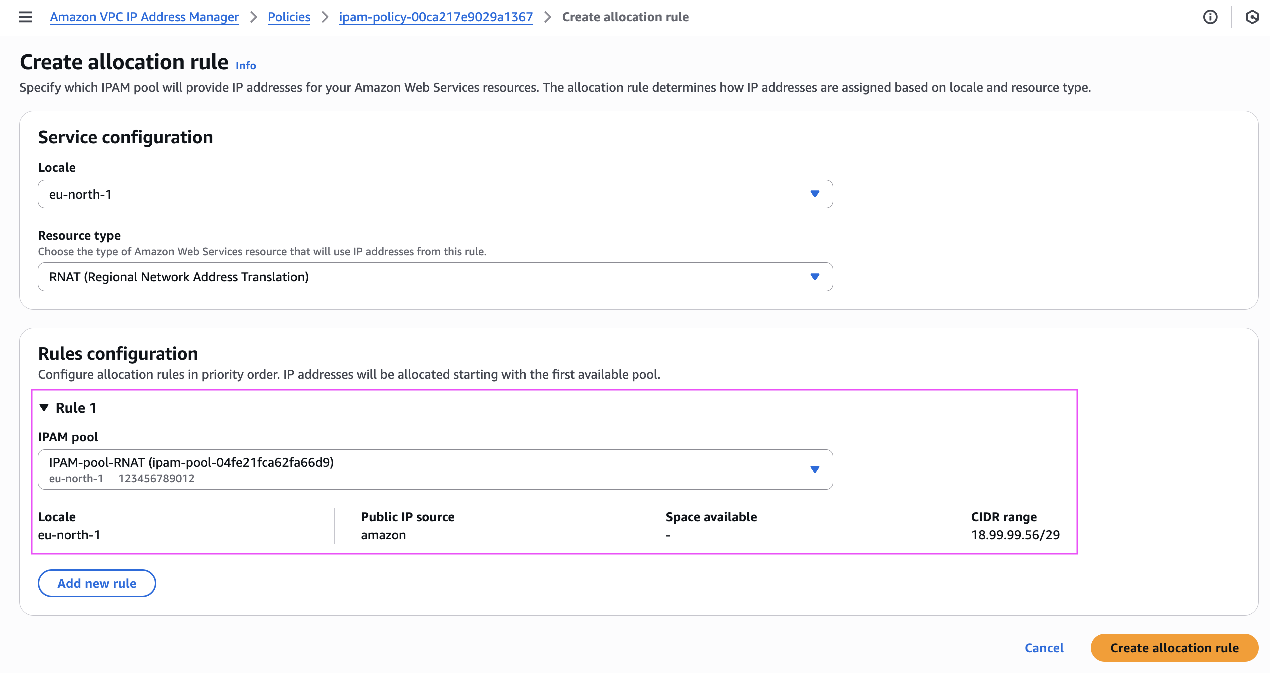 IPAM policy rule for public IPv4 address allocation to NAT gateways in regional availability mode