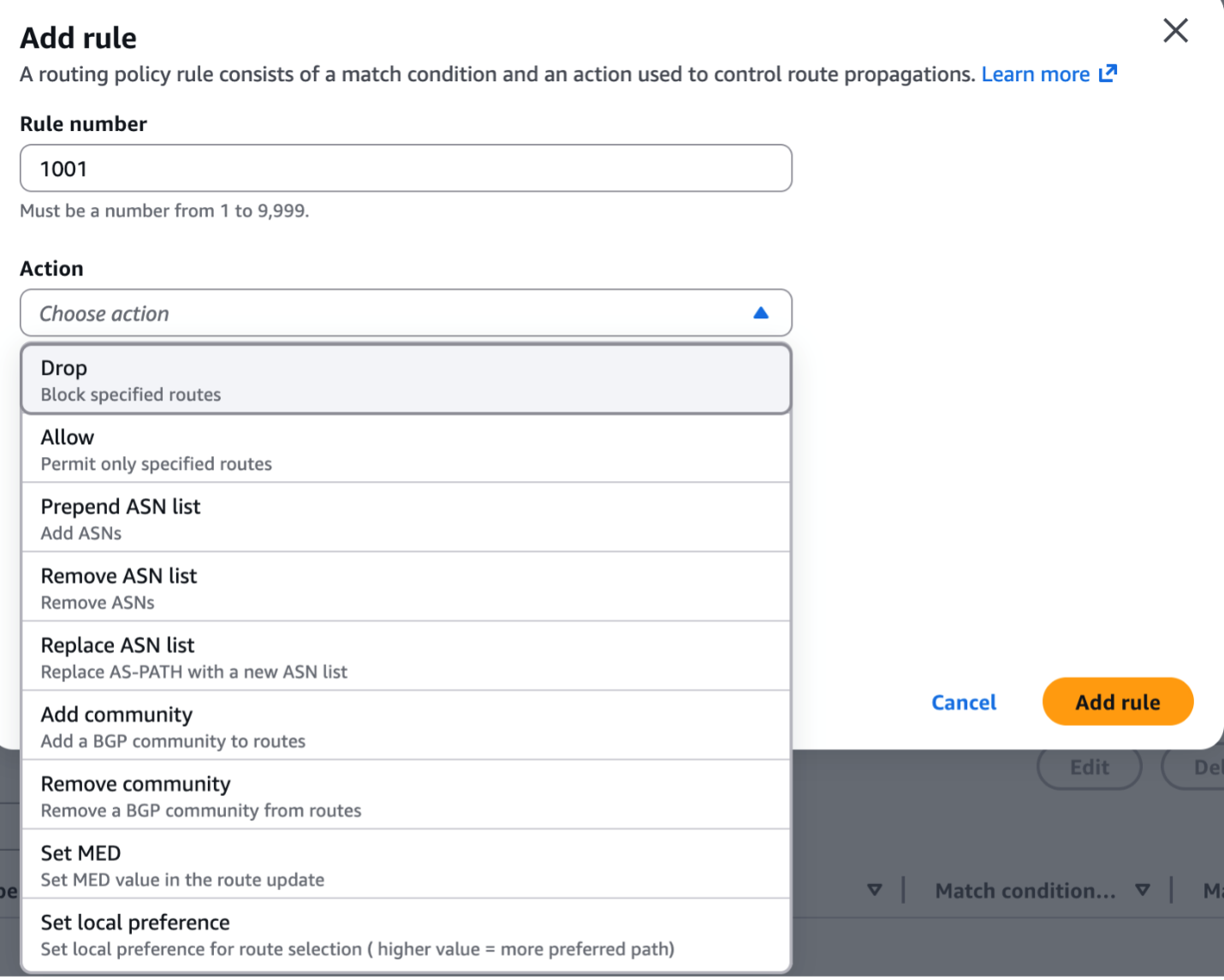 Figure 7: Action options while adding a rule in the Routing Policy