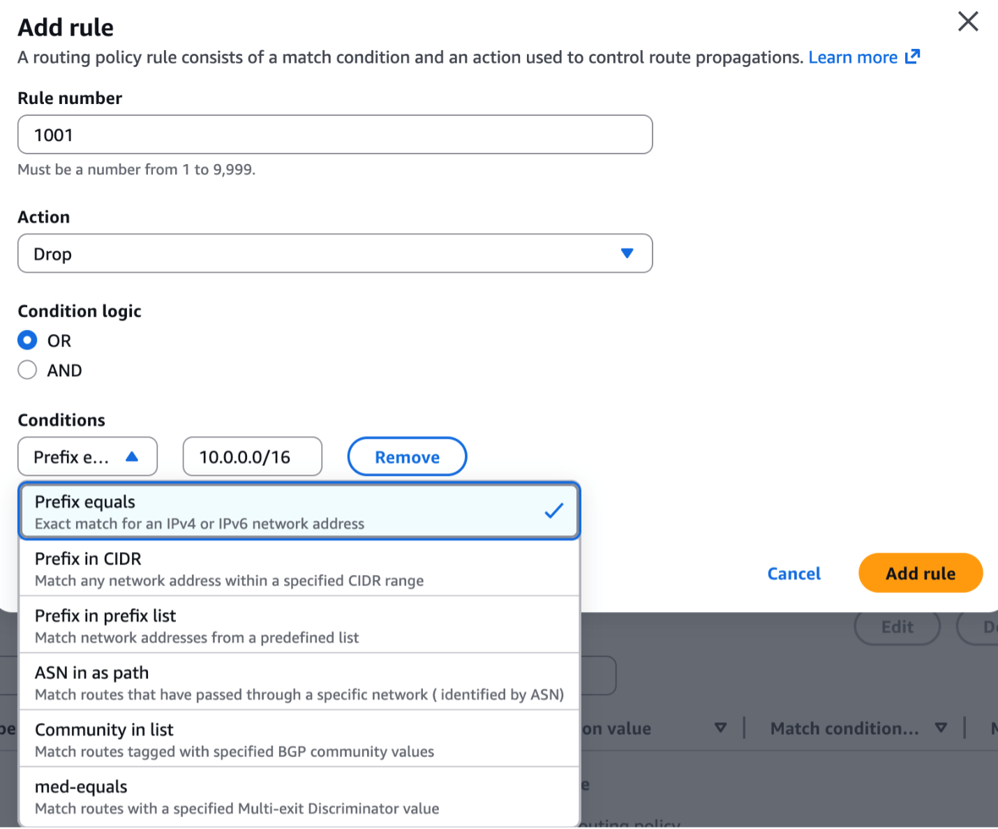 Figure 8: Adding matching rule to match prefix 10.0.0.0/16