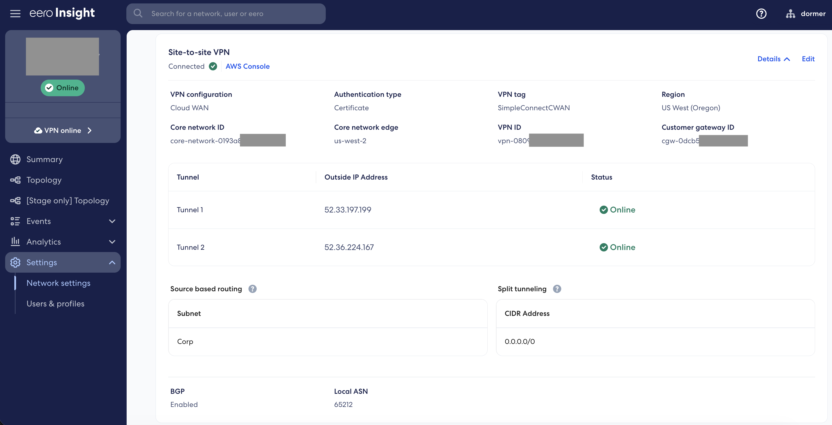 View of the eero Insight dashboard, showing how the VPN created and terminated in Cloud WAN in the Oregon AWS Region is Online.