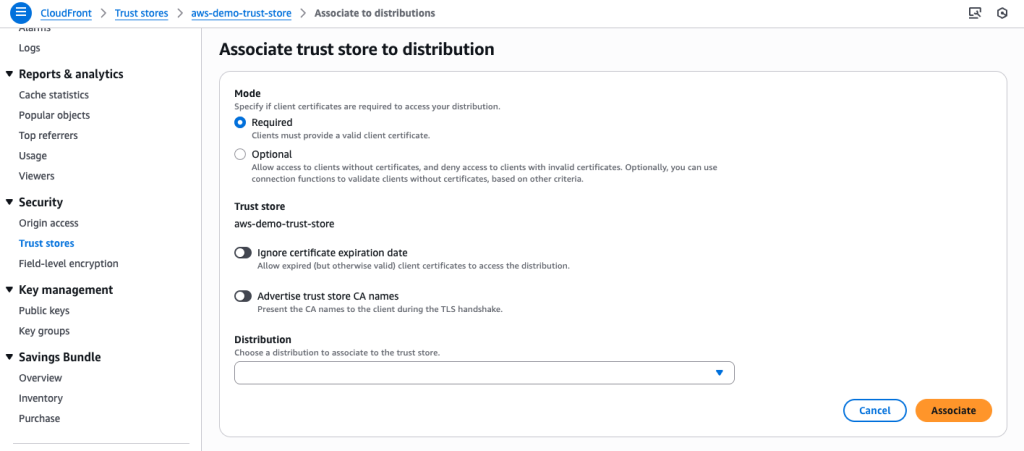 Associating Trust Store to an Amazon CloudFront distribution