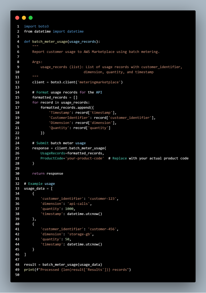 Code snippet example to report customer consumption using AWS Marketplace Metering Service batch API