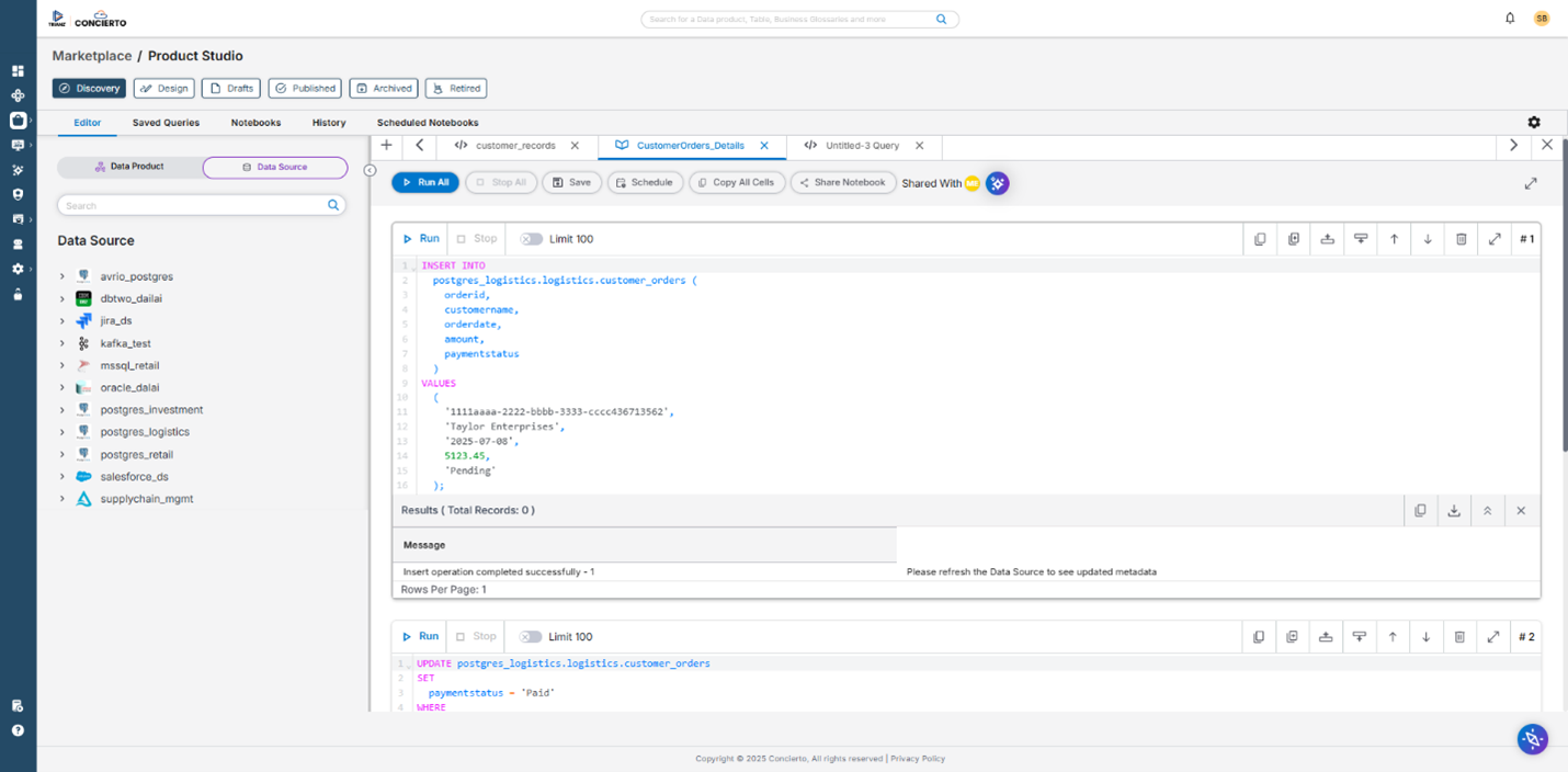 This image depict SQL Notebook in Concierto console