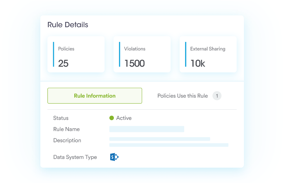 The configuration management rule details display metrics including the number of policies, policy violations, external sharing status, and the total count of policies using the rule