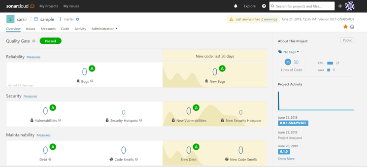 SonarCloud Quality gate sample screen