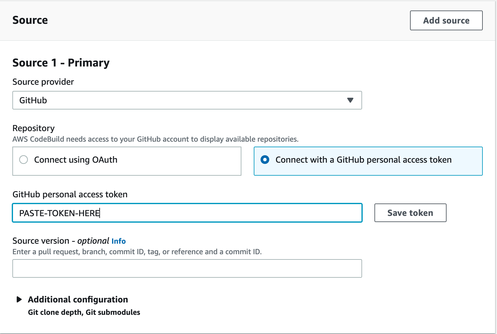 GitHub configuration in CodeBuild showing the GitHub personal access token